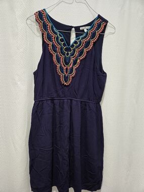 Charlotte Russe Navy Sleeveless Mini Dress with Coral & Teal Embroidery